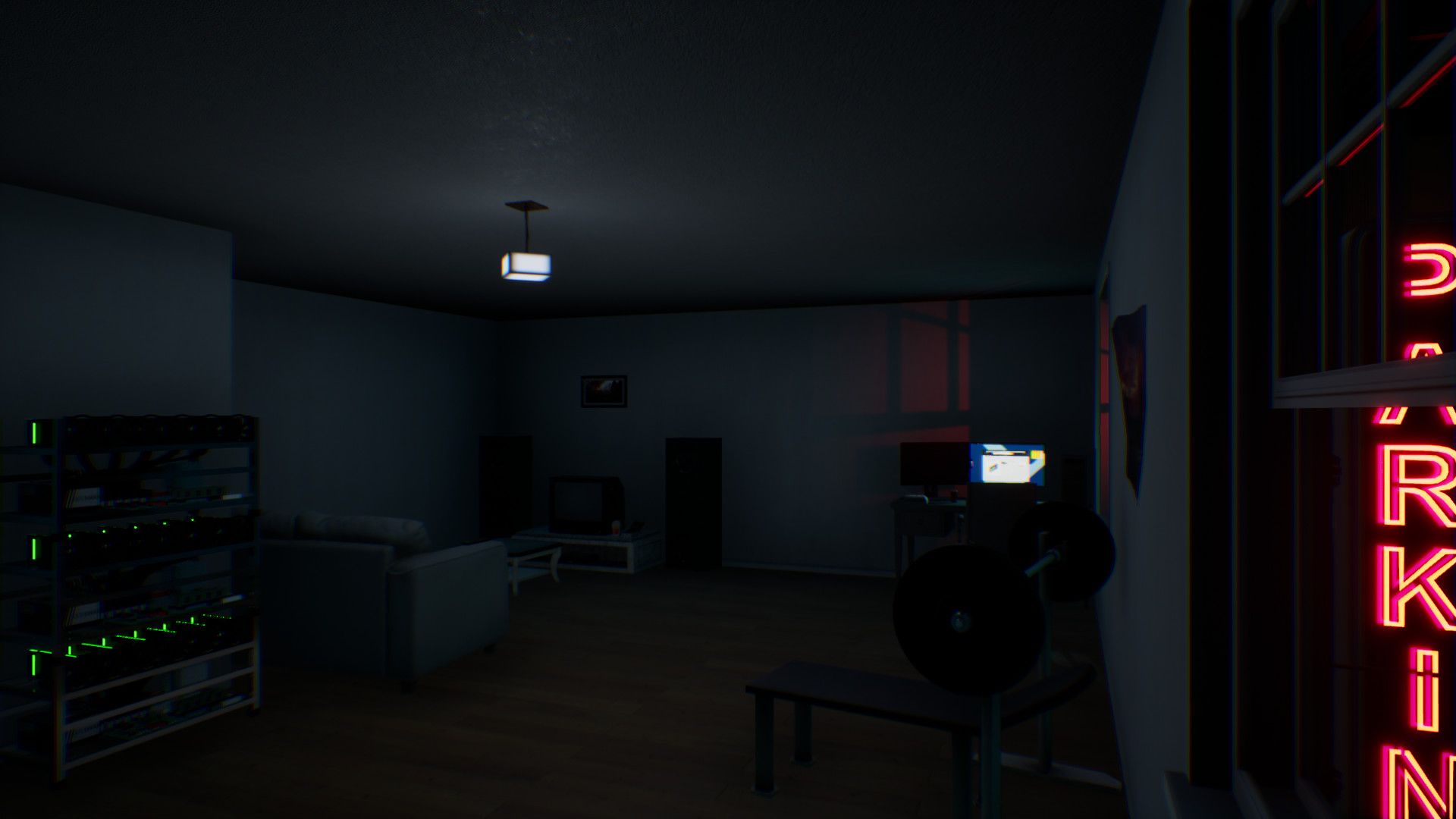 The hacker’s dark apartment with a GPU rig, a sofa and a desk