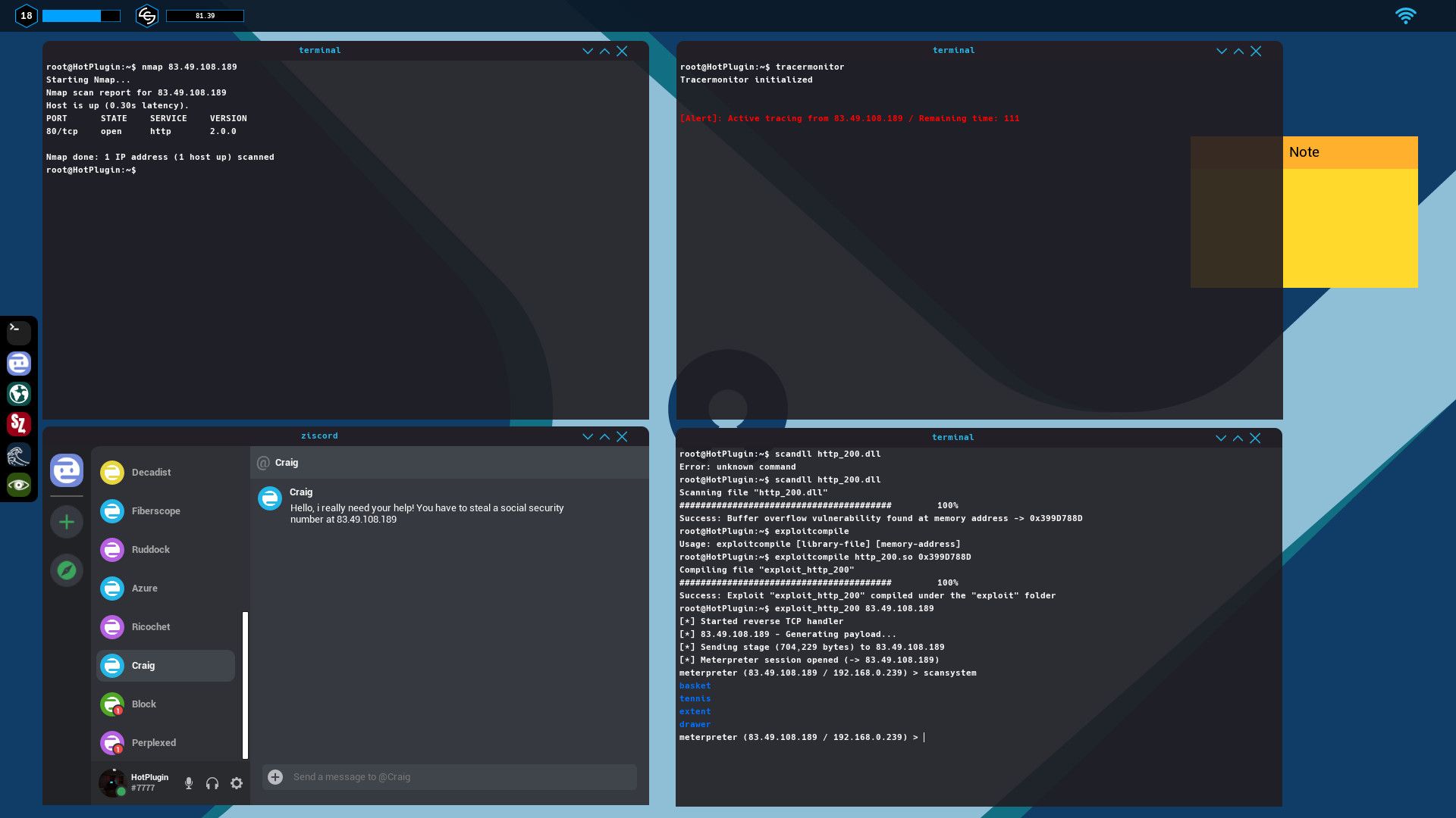 In-game desktop with an Nmap scan, an exploit and a client message asking for a job