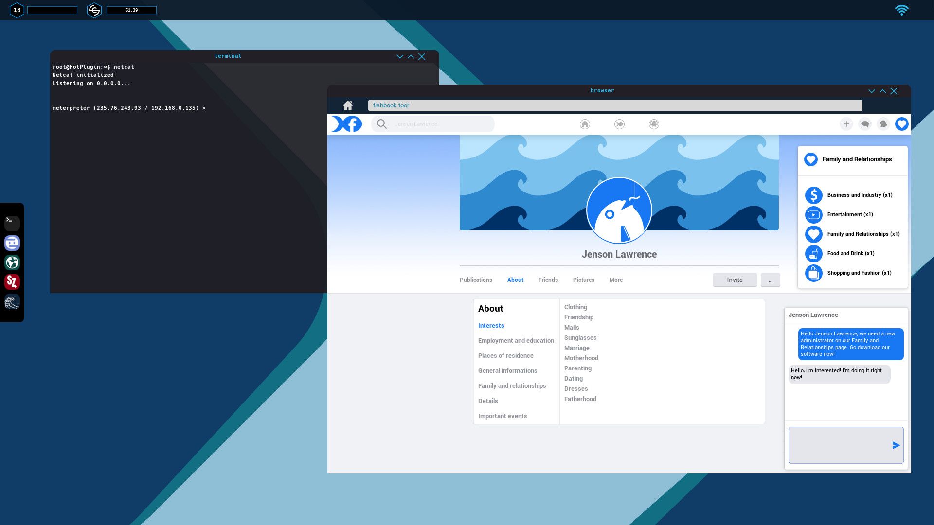 In-game browser on a social network profile during a phishing attempt